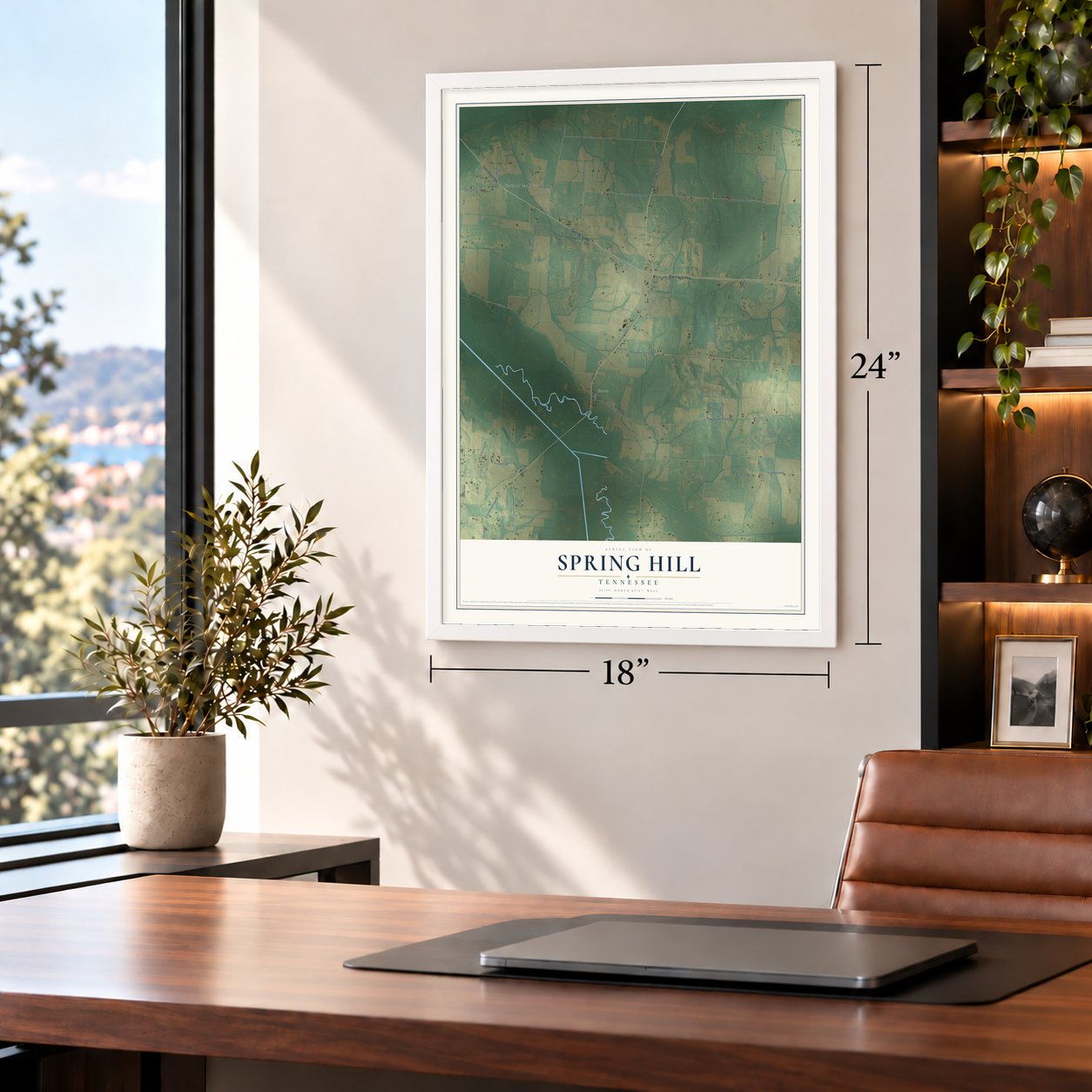 Spring Hill, Gibson County, Tennessee map, 18 x 24 inch print in a white frame in a home office