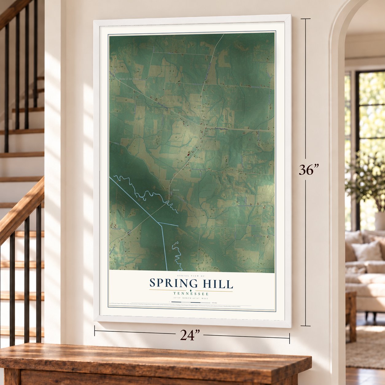 Spring Hill, Gibson County, Tennessee map, 24 x 36 inch print in a white frame by a staircase
