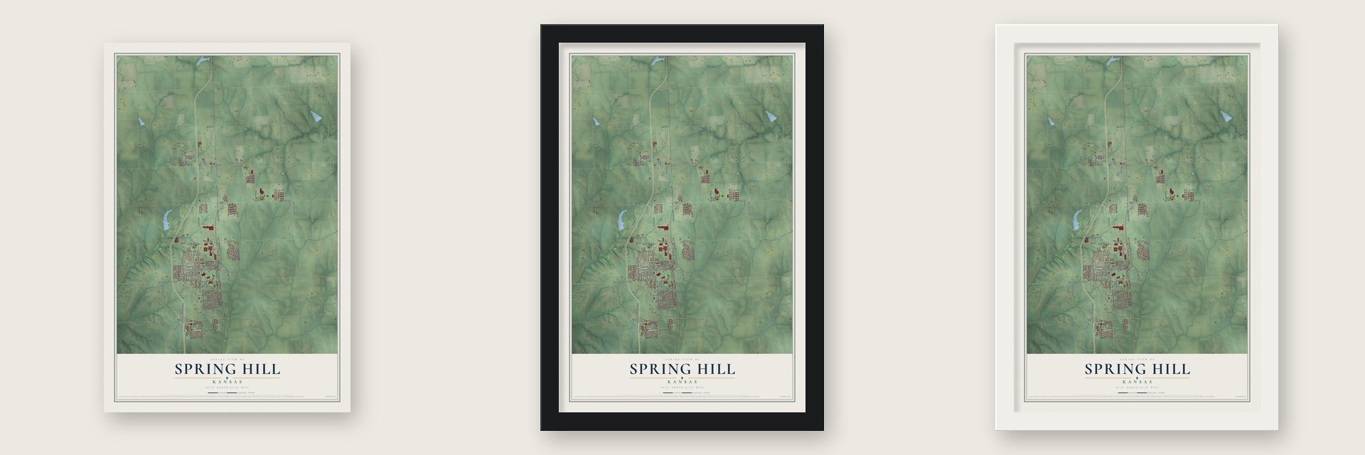 Spring Hill, Kansas map unframed, in a black wood frame and in a white wood frame