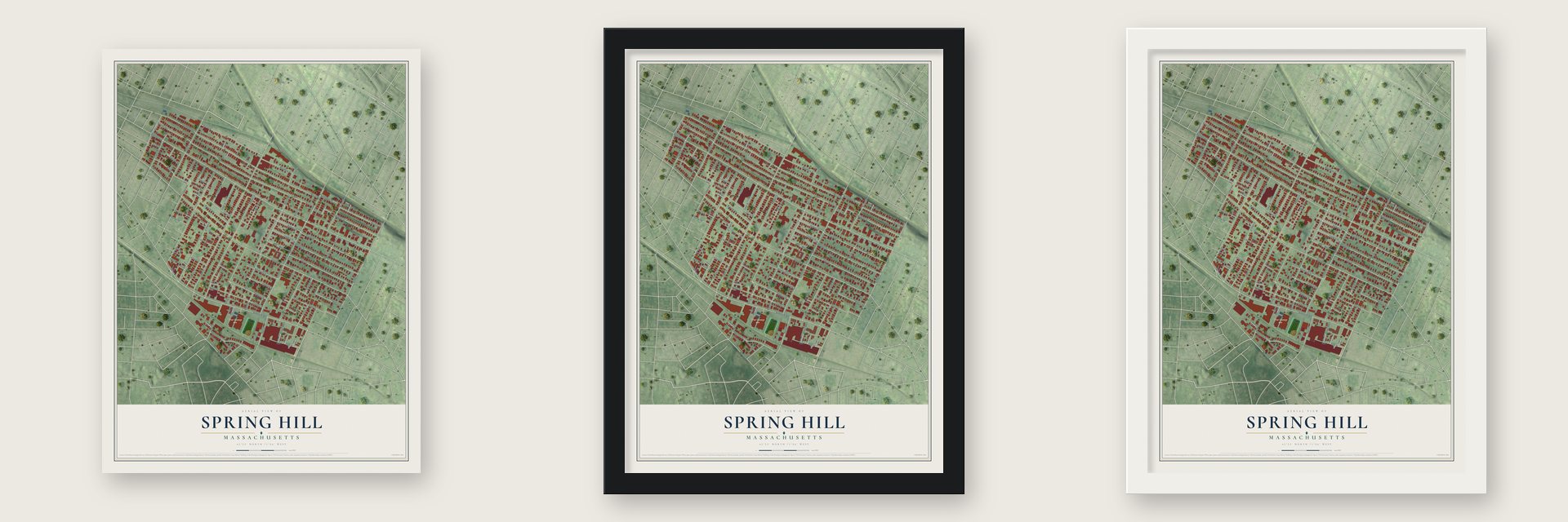 Spring Hill, Massachusetts map unframed, in a black wood frame and in a white wood frame