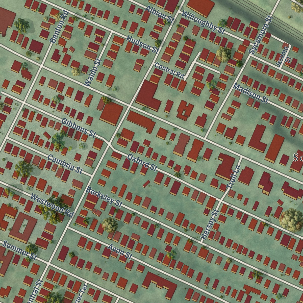 Second close-up of the map of Spring Hill, Massachusetts print showing more streets and buildings