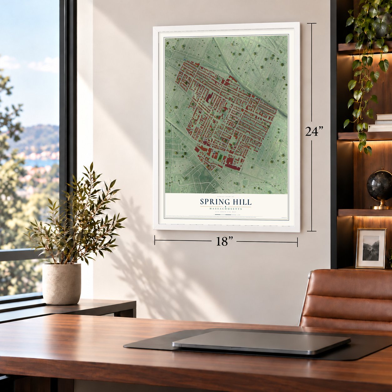 Spring Hill, Massachusetts map, 18 x 24 inch print in a white frame in a home office