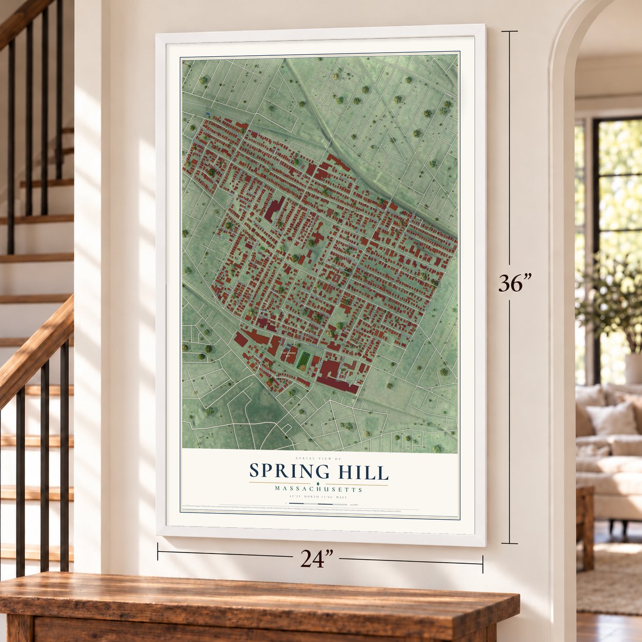 Spring Hill, Massachusetts map, 24 x 36 inch print in a white frame by a staircase