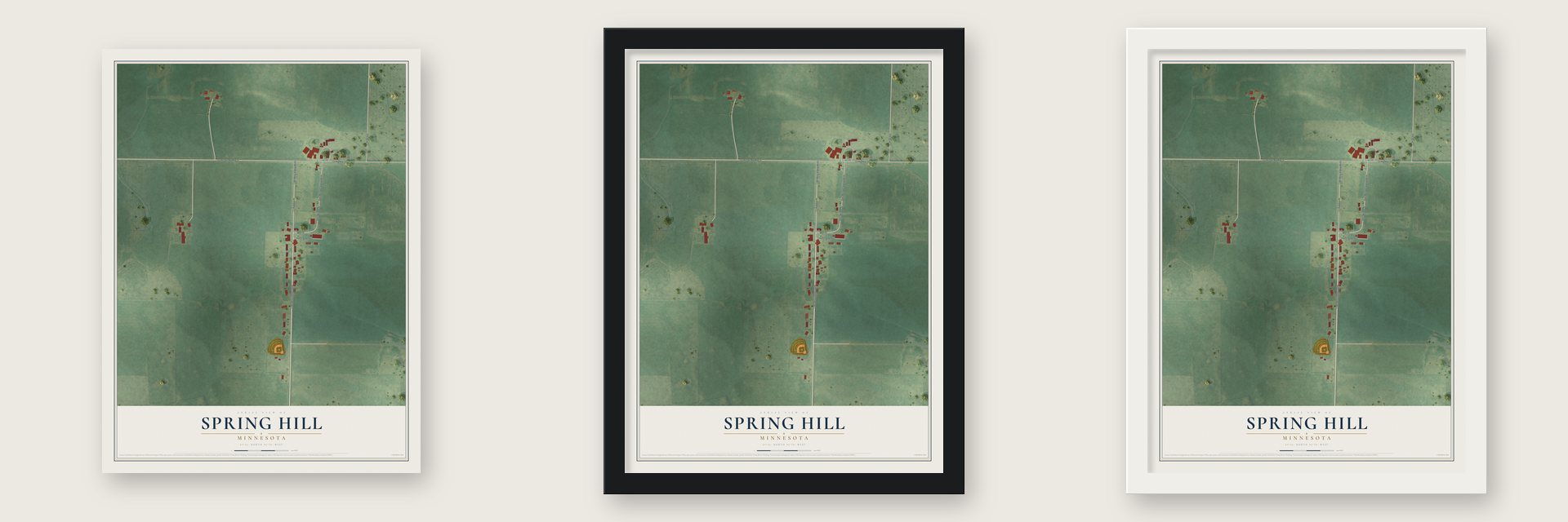 Spring Hill, Minnesota map unframed, in a black wood frame and in a white wood frame