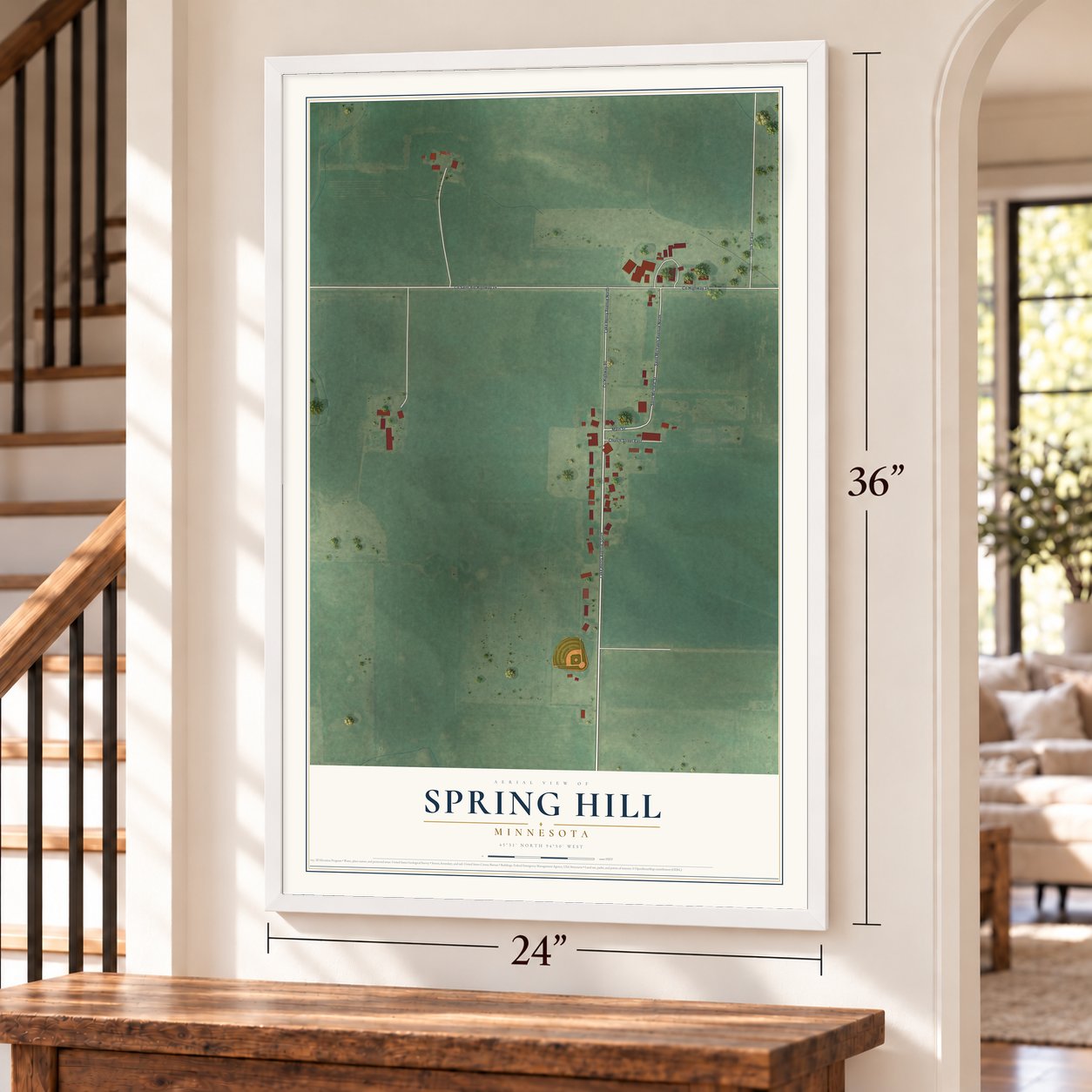 Spring Hill, Minnesota map, 24 x 36 inch print in a white frame by a staircase