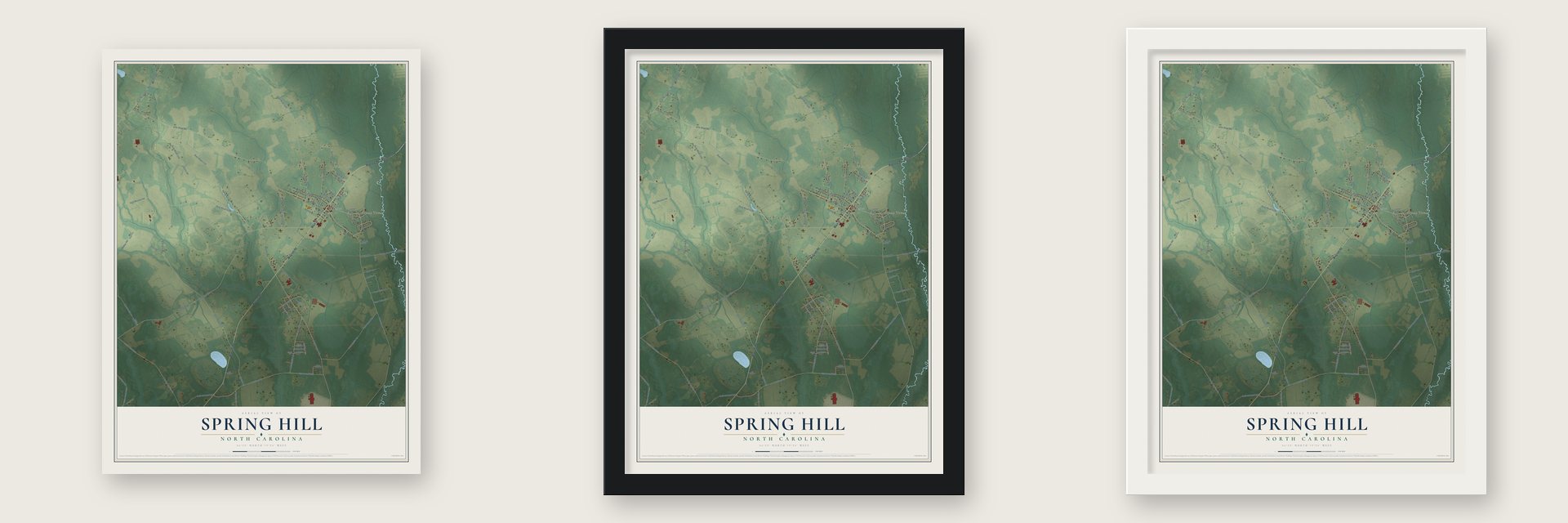 Spring Hill, North Carolina map unframed, in a black wood frame and in a white wood frame
