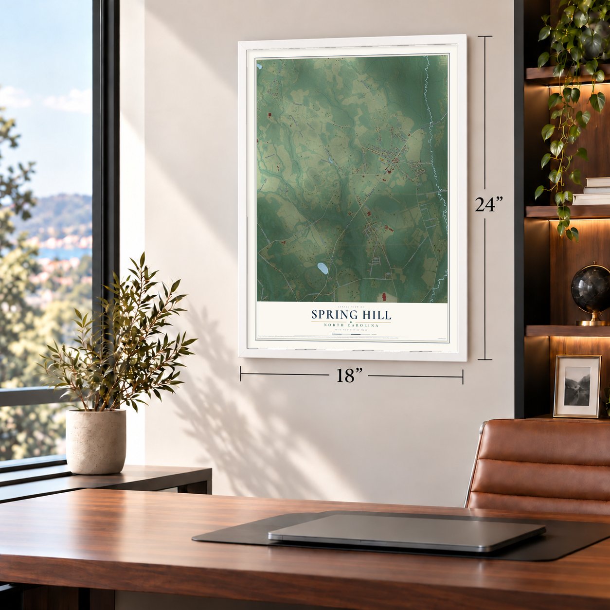Spring Hill, North Carolina map, 18 x 24 inch print in a white frame in a home office