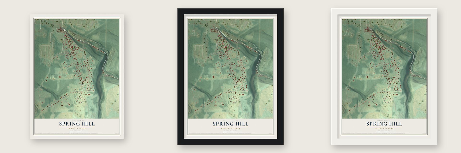 Spring Hill, Pennsylvania map unframed, in a black wood frame and in a white wood frame