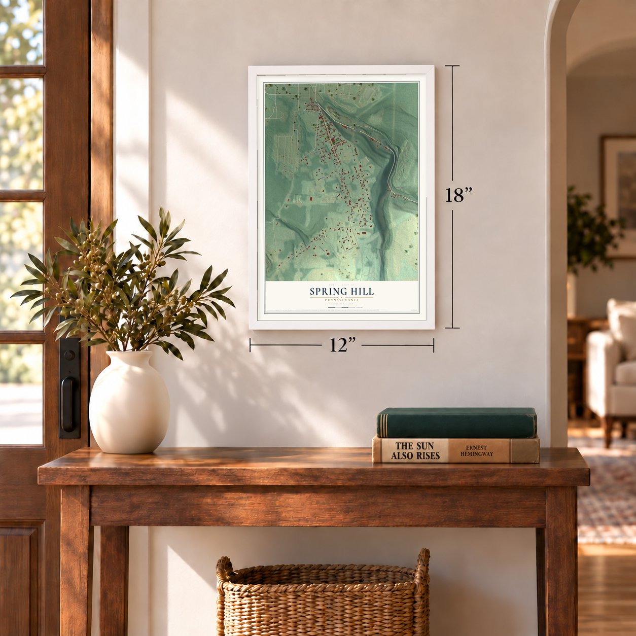 Spring Hill, Pennsylvania map, 12 x 18 inch print in a white frame in an entryway