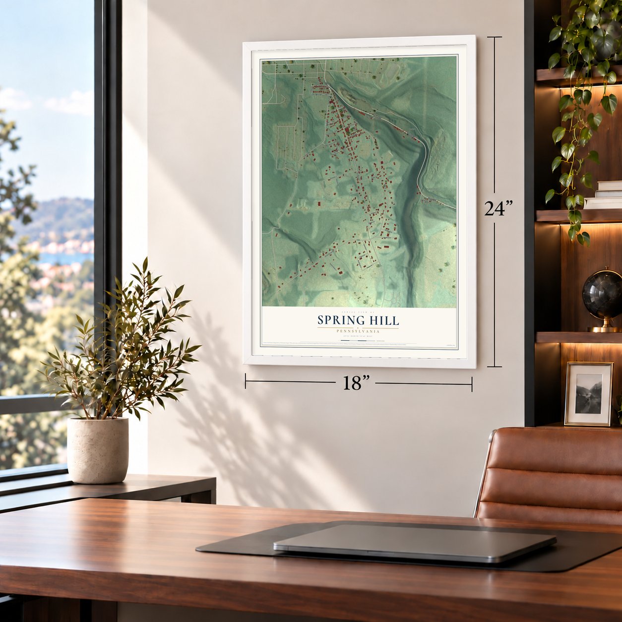 Spring Hill, Pennsylvania map, 18 x 24 inch print in a white frame in a home office