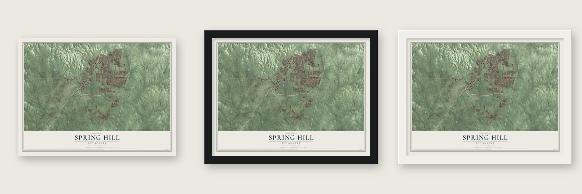 Spring Hill, Tennessee map unframed, in a black wood frame and in a white wood frame