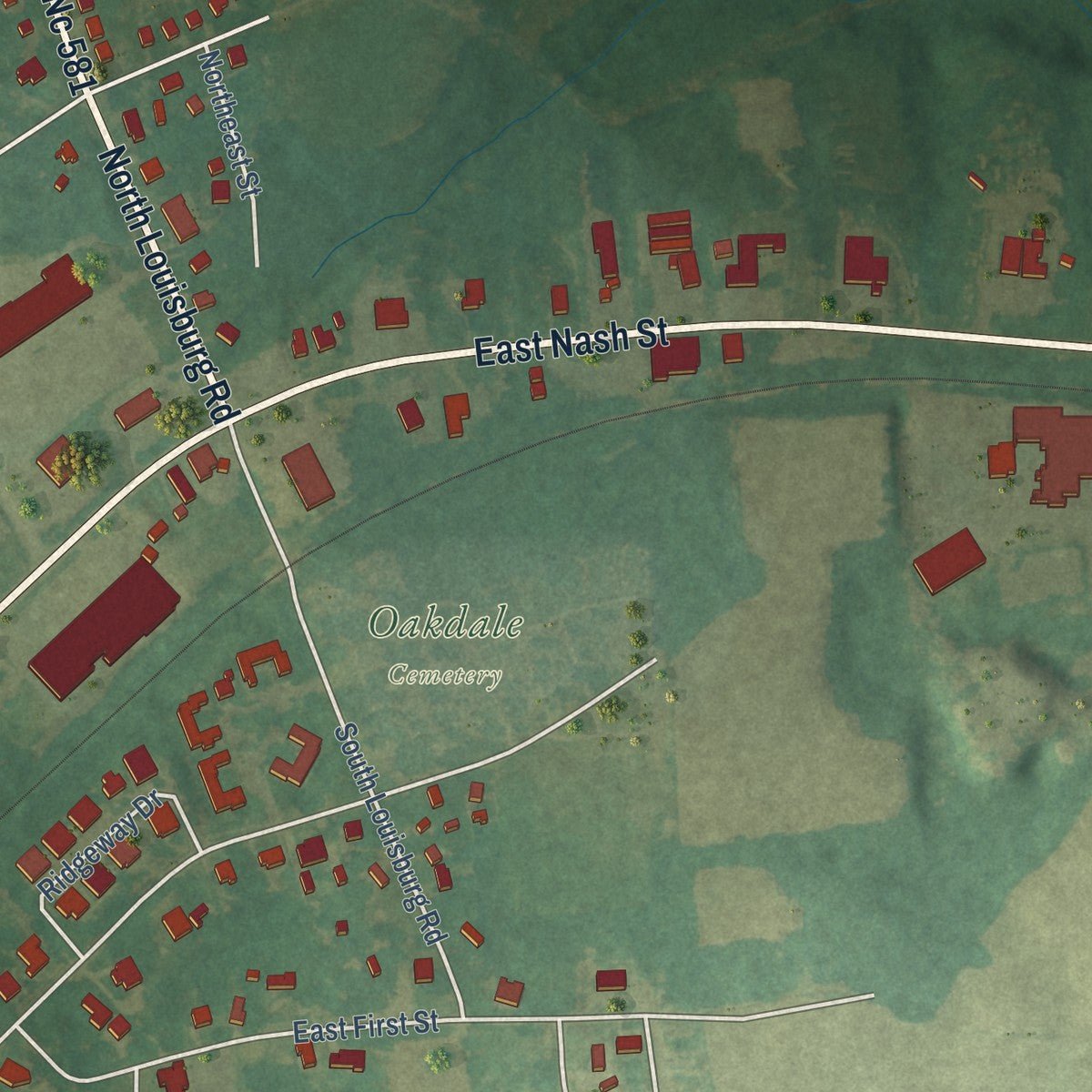 Second close-up of the map of Spring Hope, North Carolina print showing more streets and buildings