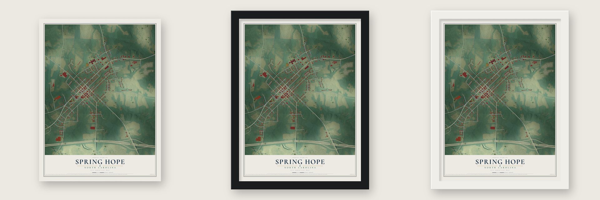 Spring Hope, North Carolina map unframed, in a black wood frame and in a white wood frame