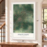 Spring Hope, North Carolina map, 24 x 36 inch print in a white frame by a staircase