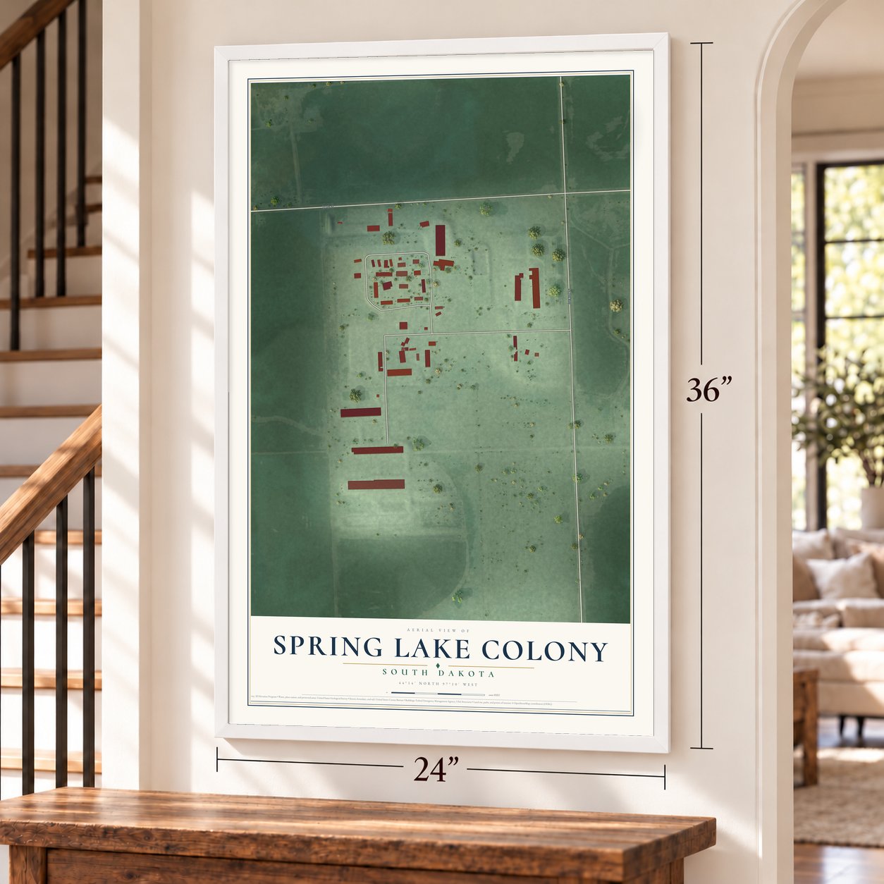 Spring Lake Colony, South Dakota map, 24 x 36 inch print in a white frame by a staircase