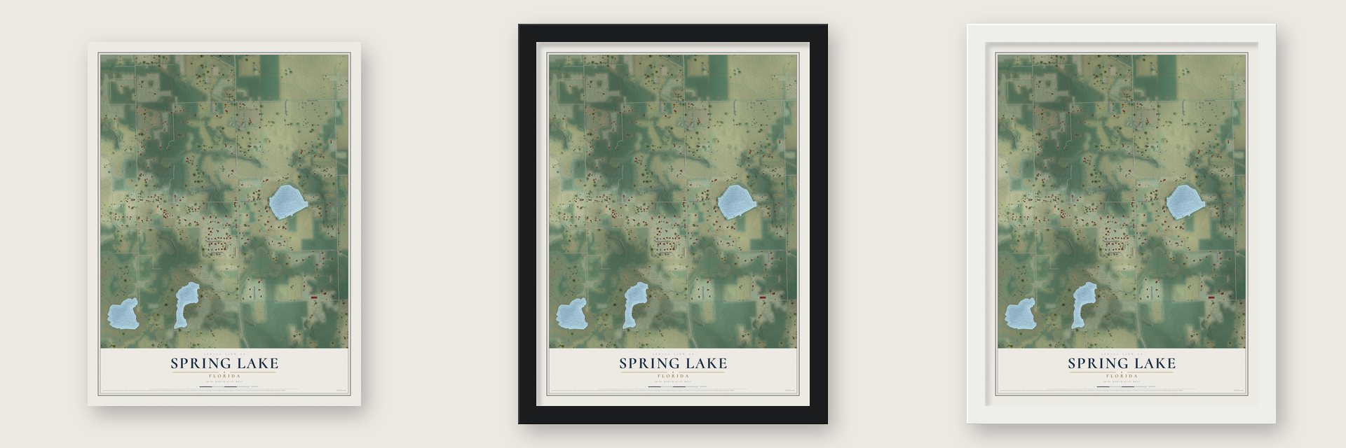 Spring Lake, Florida map unframed, in a black wood frame and in a white wood frame