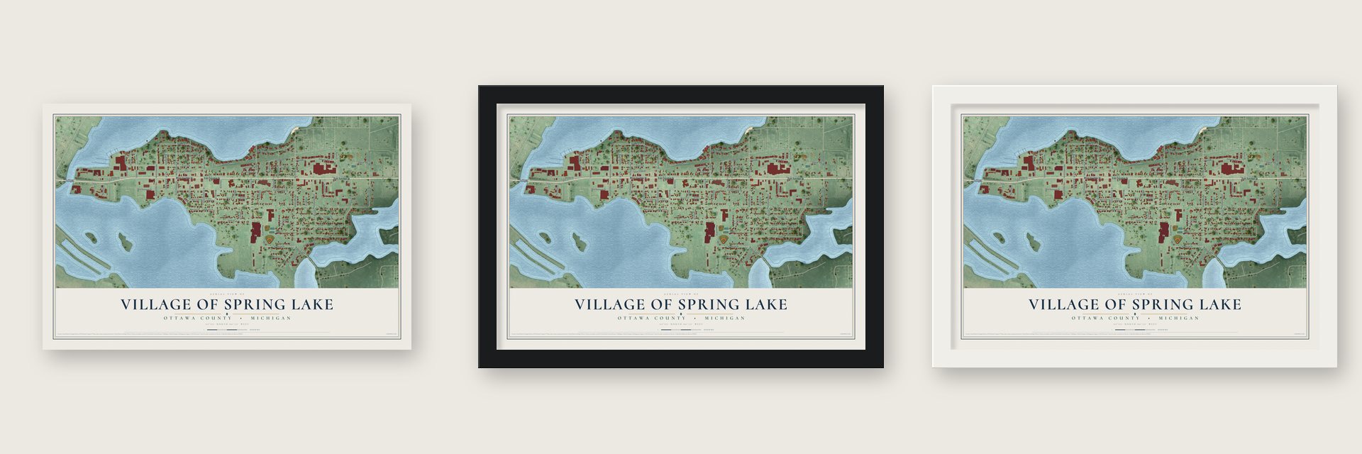 Spring Lake, Michigan map unframed, in a black wood frame and in a white wood frame