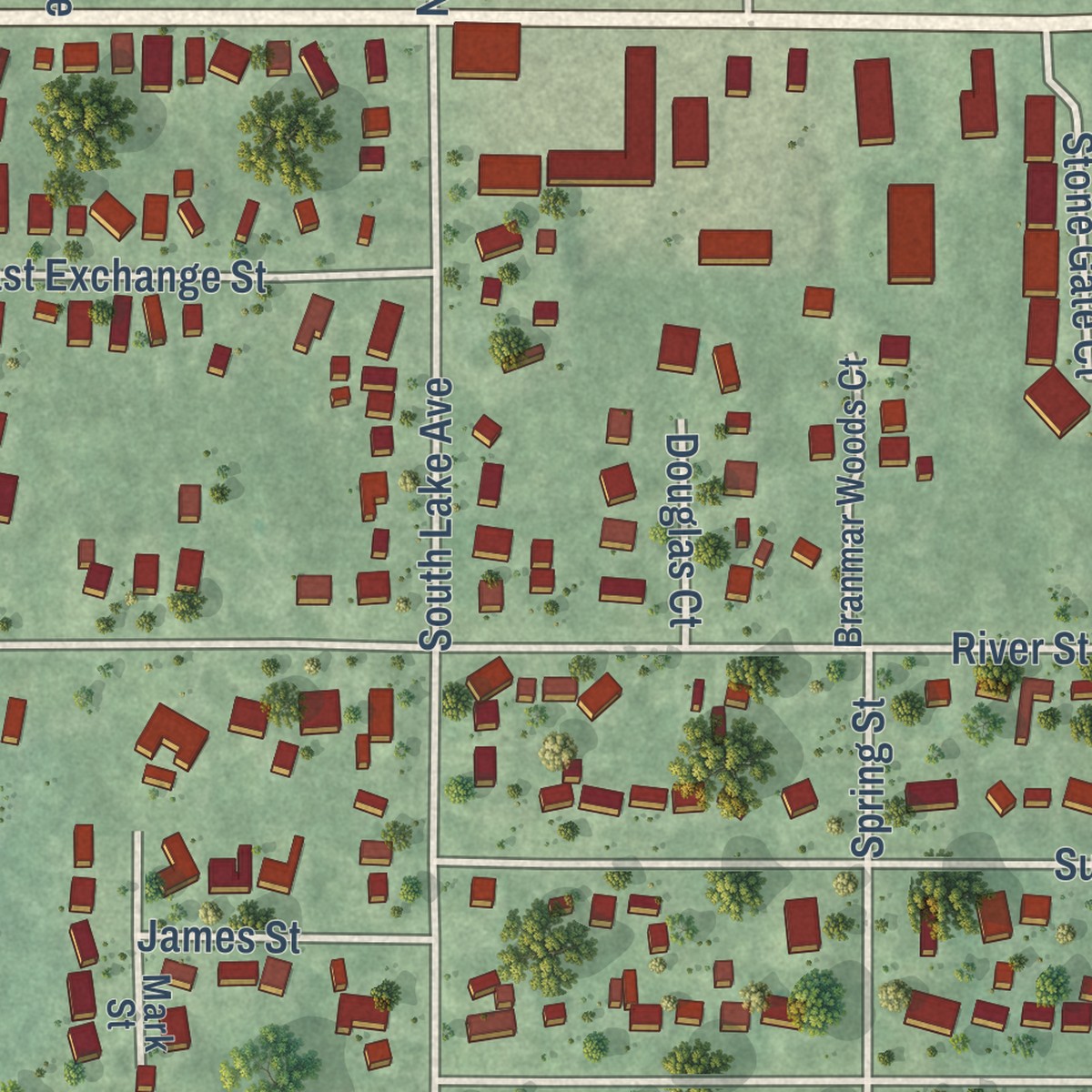 Second close-up of the map of Spring Lake, Michigan print showing more streets and buildings