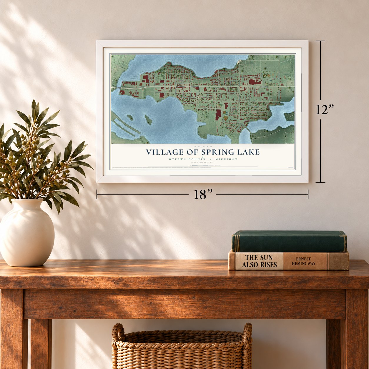 Spring Lake, Michigan map, 12 x 18 inch print in a white frame in an entryway
