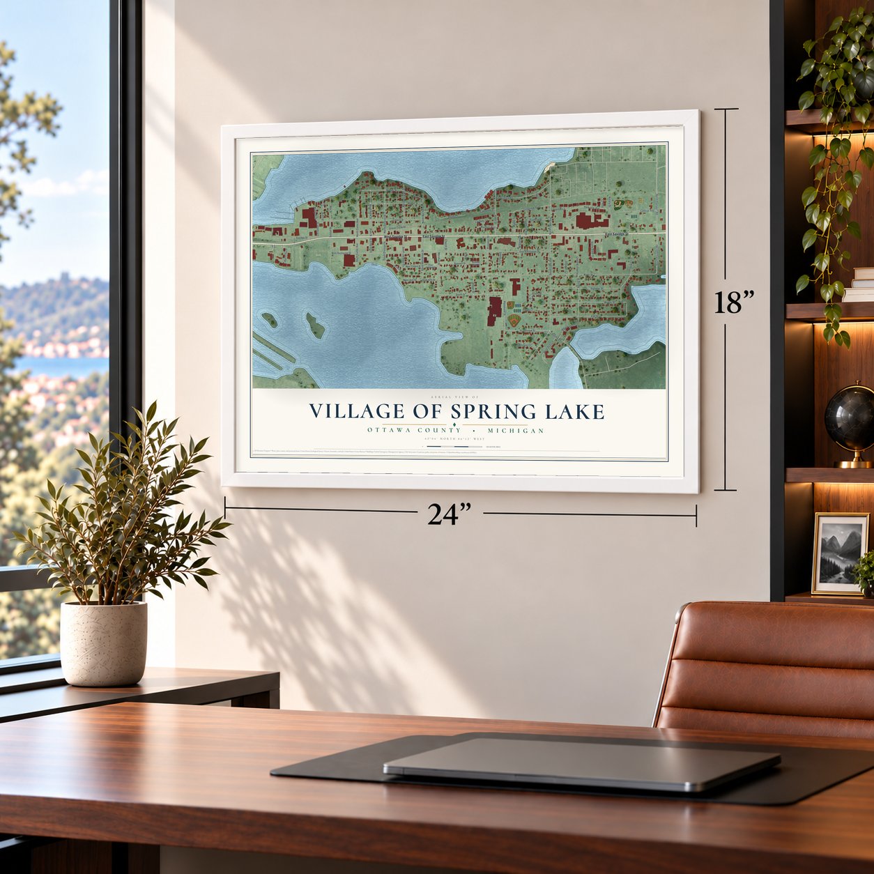 Spring Lake, Michigan map, 18 x 24 inch print in a white frame in a home office