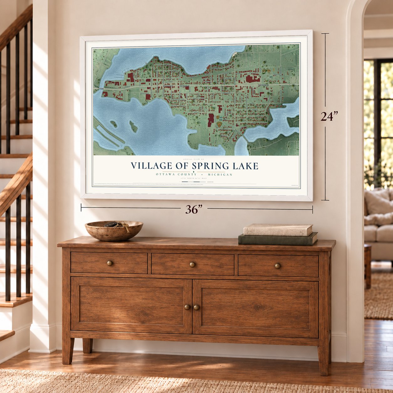 Spring Lake, Michigan map, 24 x 36 inch print in a white frame above a dresser by a staircase