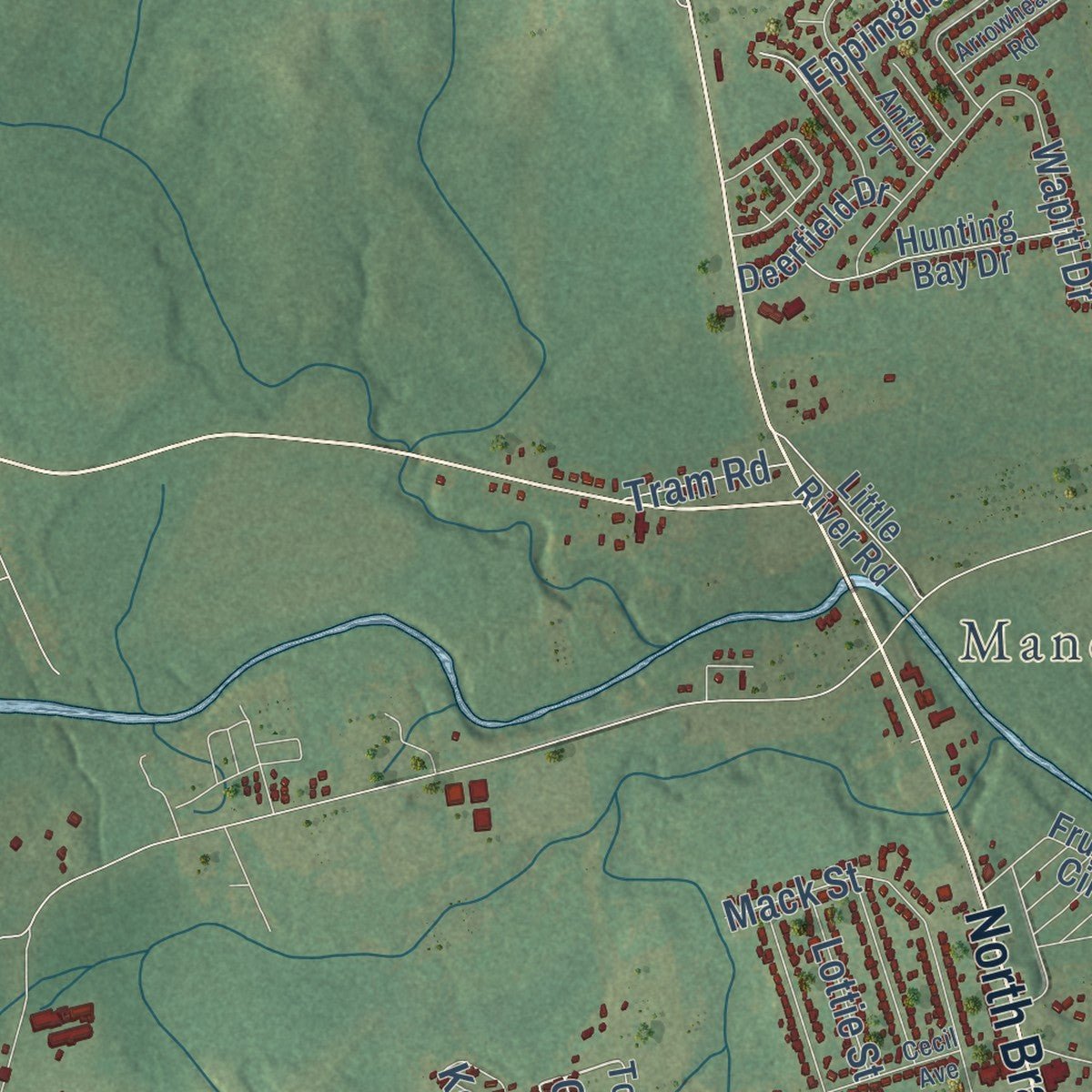Second close-up of the map of Spring Lake, North Carolina print showing more streets and buildings