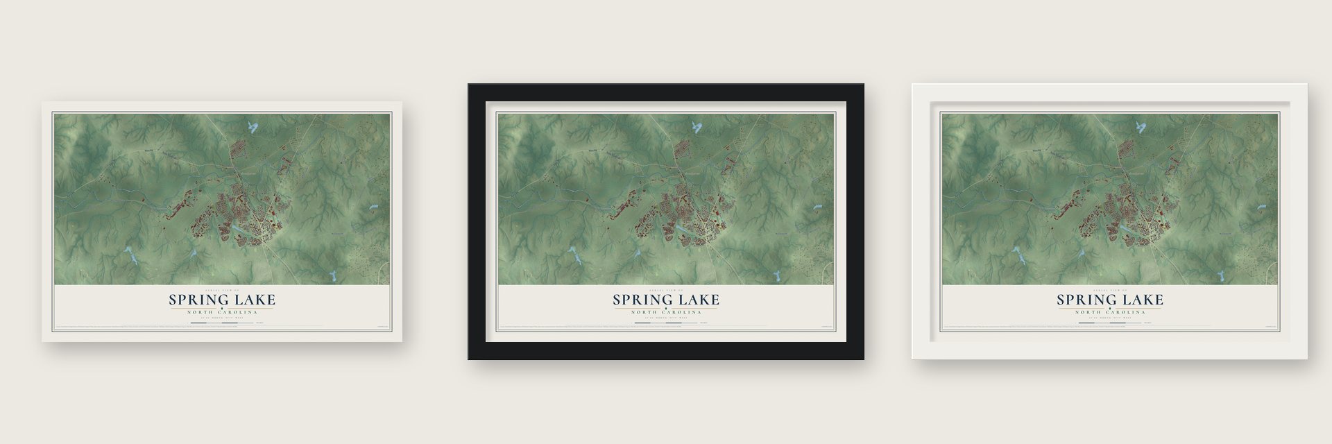 Spring Lake, North Carolina map unframed, in a black wood frame and in a white wood frame