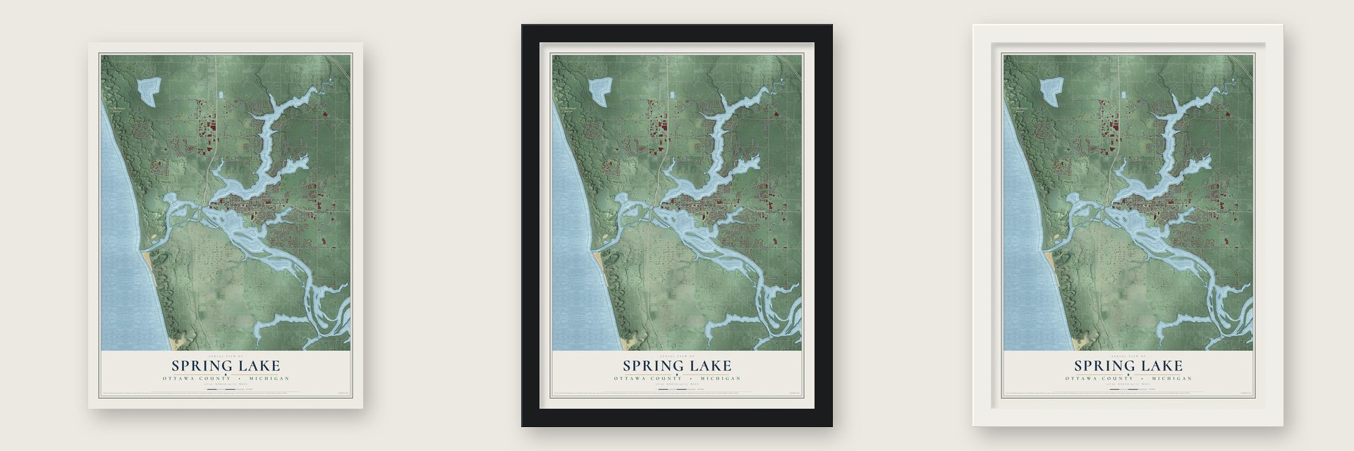 Spring Lake, Ottawa County, Michigan map unframed, in a black wood frame and in a white wood frame