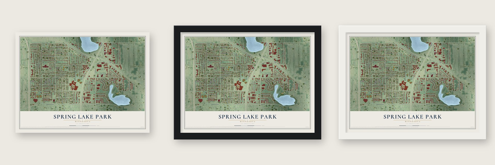Spring Lake Park, Minnesota map unframed, in a black wood frame and in a white wood frame