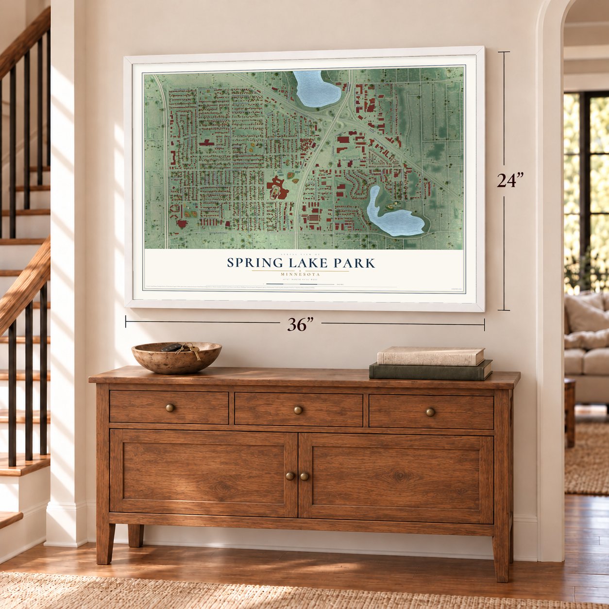 Spring Lake Park, Minnesota map, 24 x 36 inch print in a white frame above a dresser by a staircase