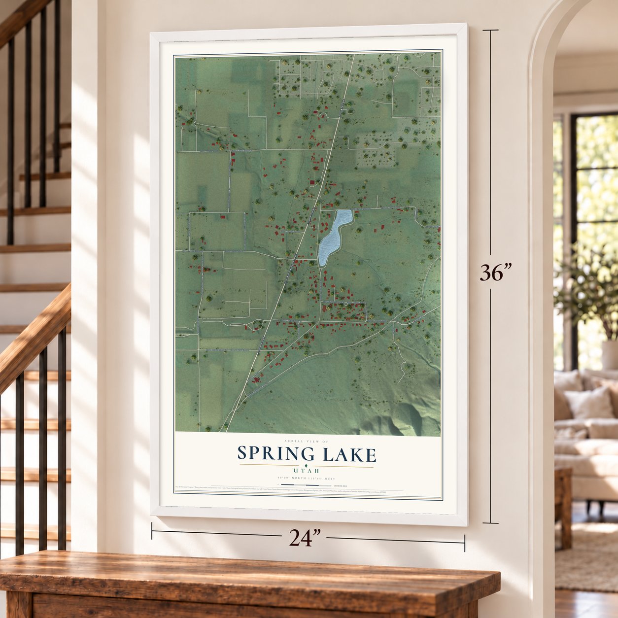 Spring Lake, Utah map, 24 x 36 inch print in a white frame by a staircase