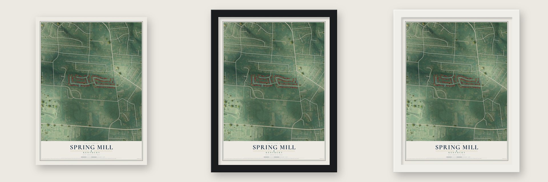 Spring Mill, Kentucky map unframed, in a black wood frame and in a white wood frame