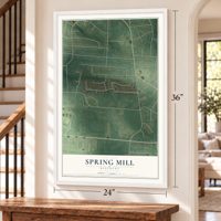 Spring Mill, Kentucky map, 24 x 36 inch print in a white frame by a staircase