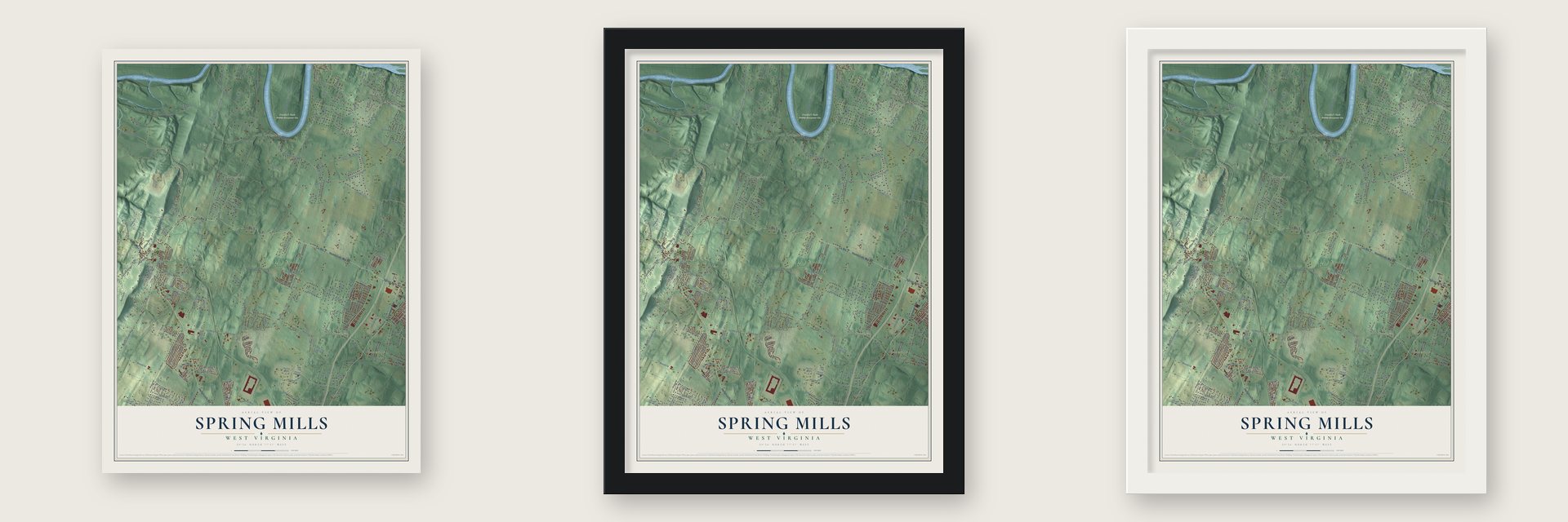 Spring Mills, West Virginia map unframed, in a black wood frame and in a white wood frame