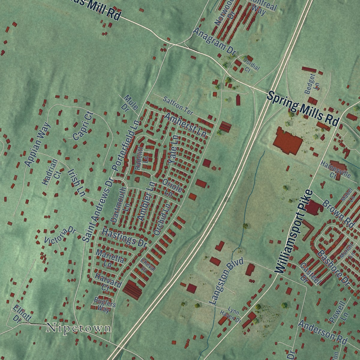 Second close-up of the map of Spring Mills, West Virginia print showing more streets and buildings
