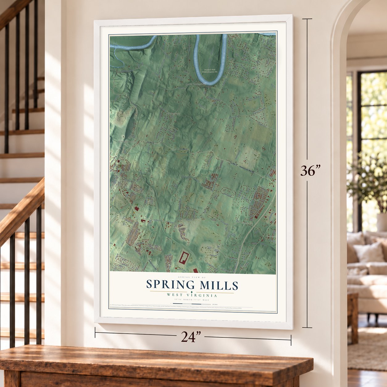 Spring Mills, West Virginia map, 24 x 36 inch print in a white frame by a staircase