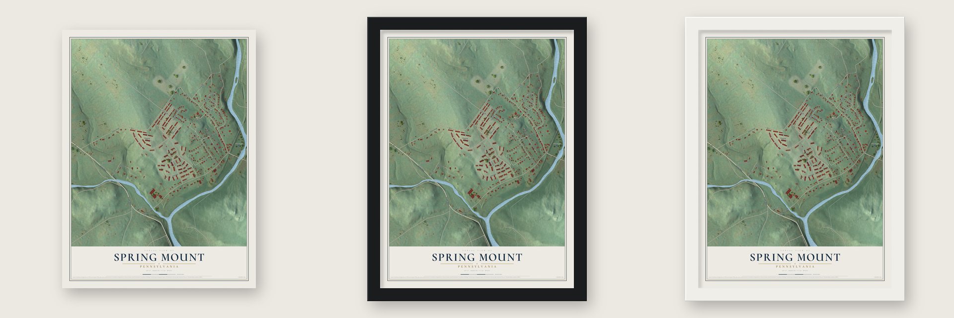 Spring Mount, Pennsylvania map unframed, in a black wood frame and in a white wood frame