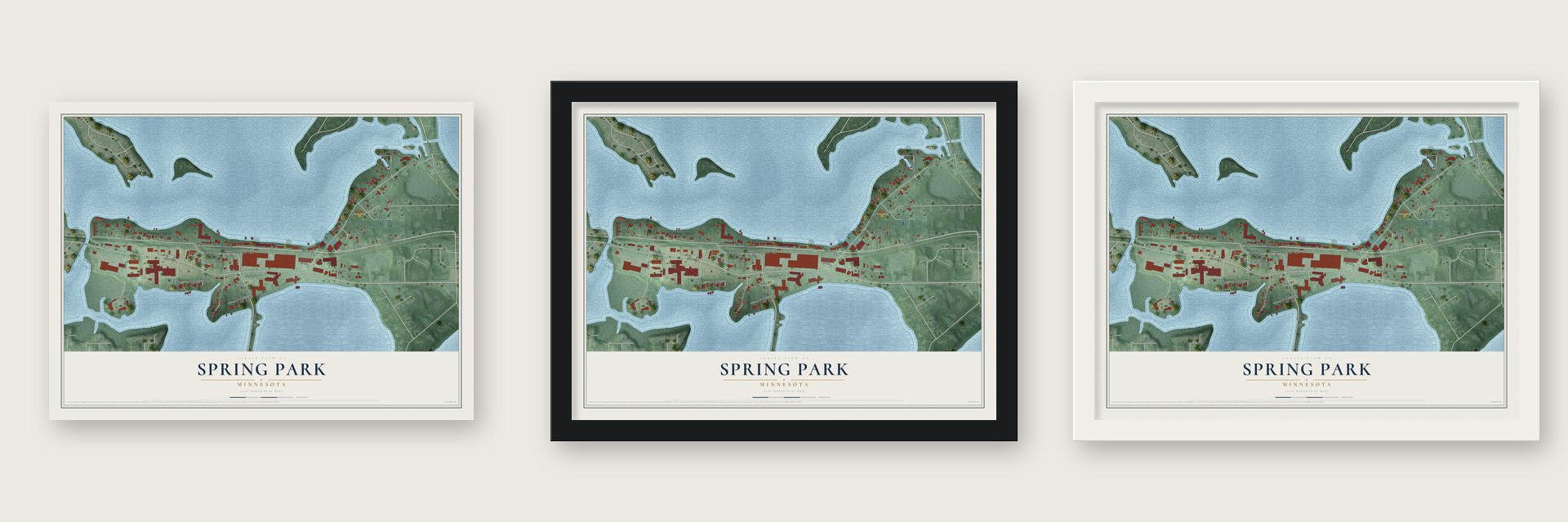 Spring Park, Minnesota map unframed, in a black wood frame and in a white wood frame