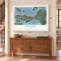 Spring Park, Minnesota map, 24 x 36 inch print in a white frame above a dresser by a staircase