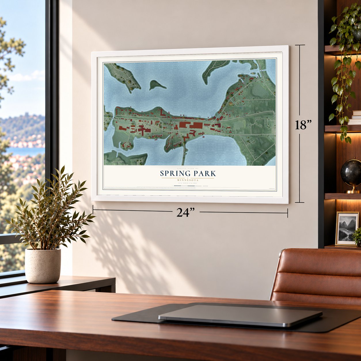 Spring Park, Minnesota map, 18 x 24 inch print in a white frame in a home office