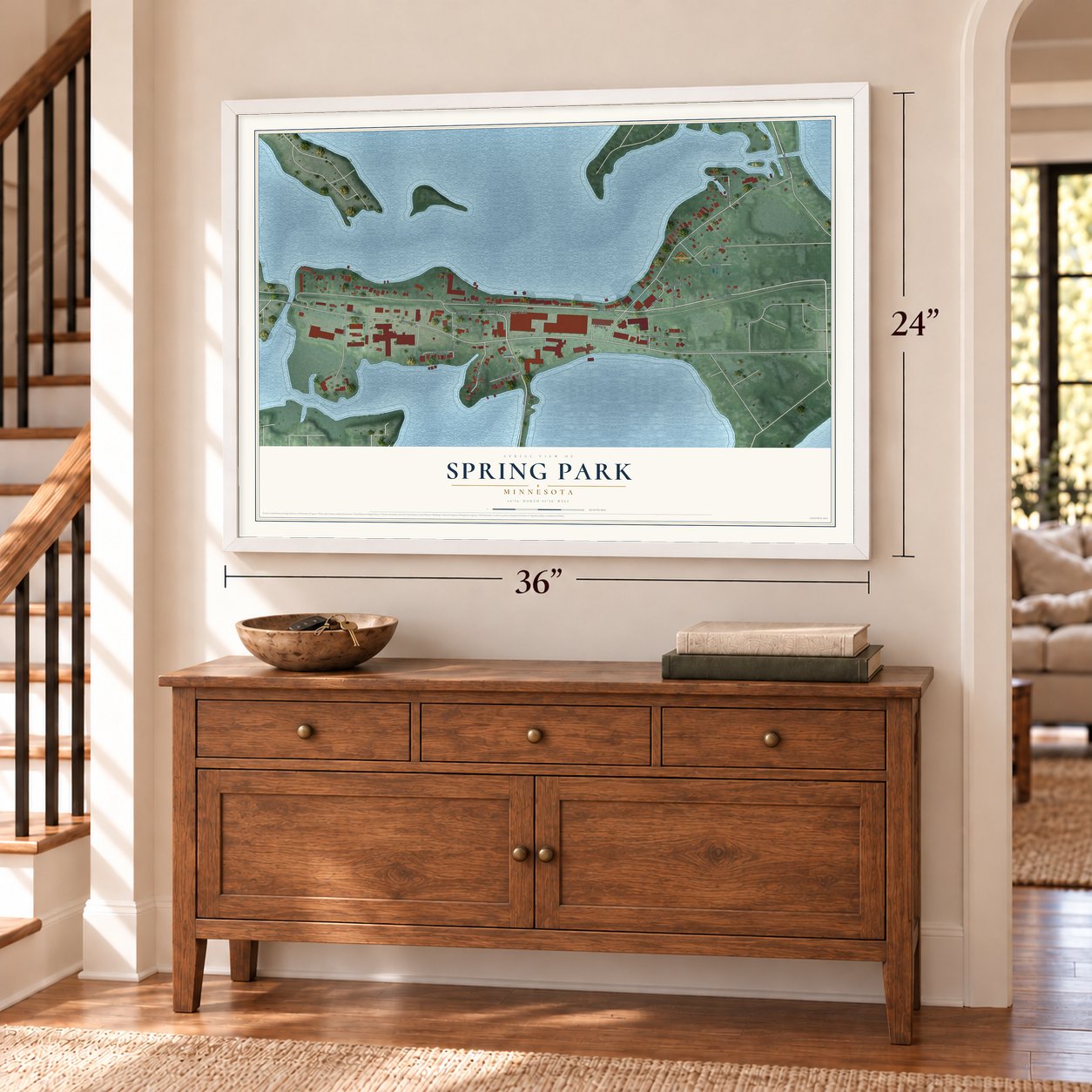 Spring Park, Minnesota map, 24 x 36 inch print in a white frame above a dresser by a staircase