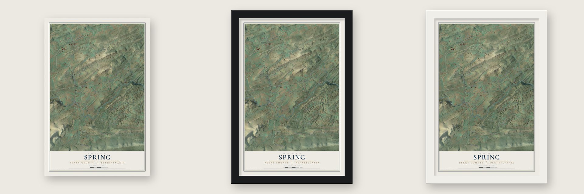 Spring, Perry County, Pennsylvania map unframed, in a black wood frame and in a white wood frame