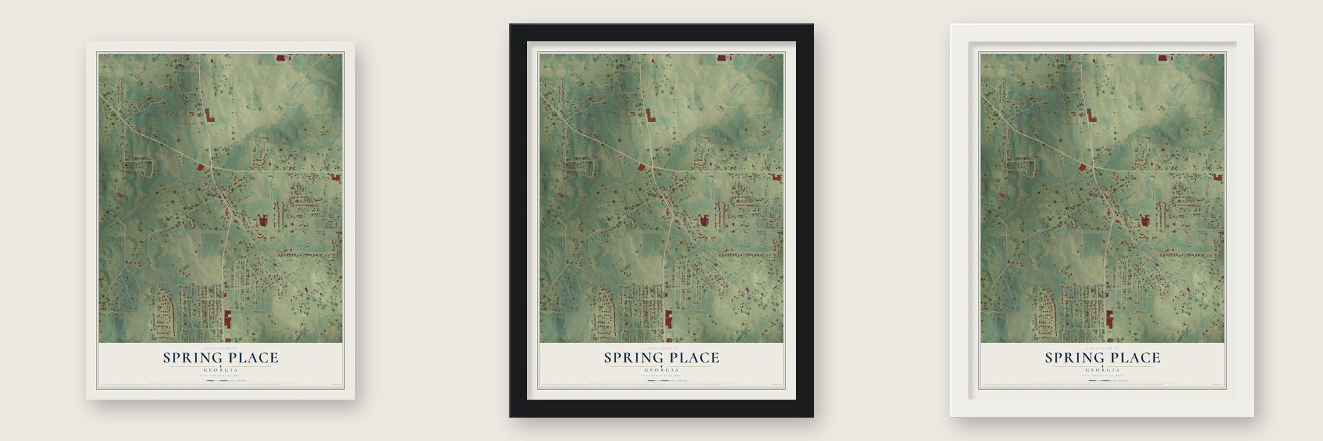 Spring Place, Georgia map unframed, in a black wood frame and in a white wood frame