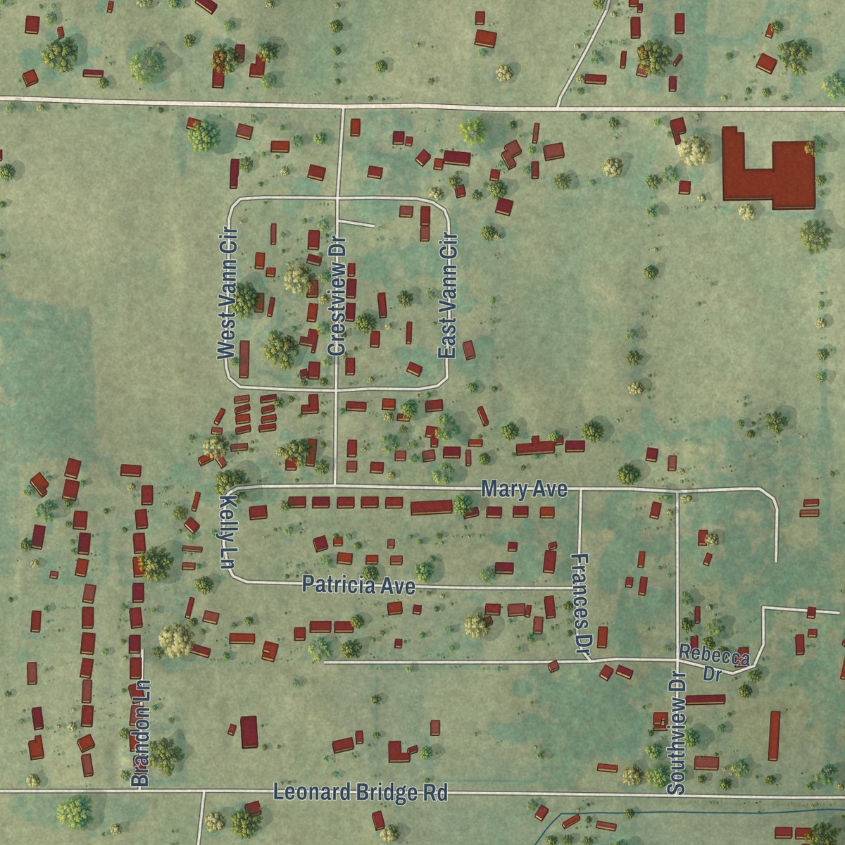 Second close-up of the map of Spring Place, Georgia print showing more streets and buildings
