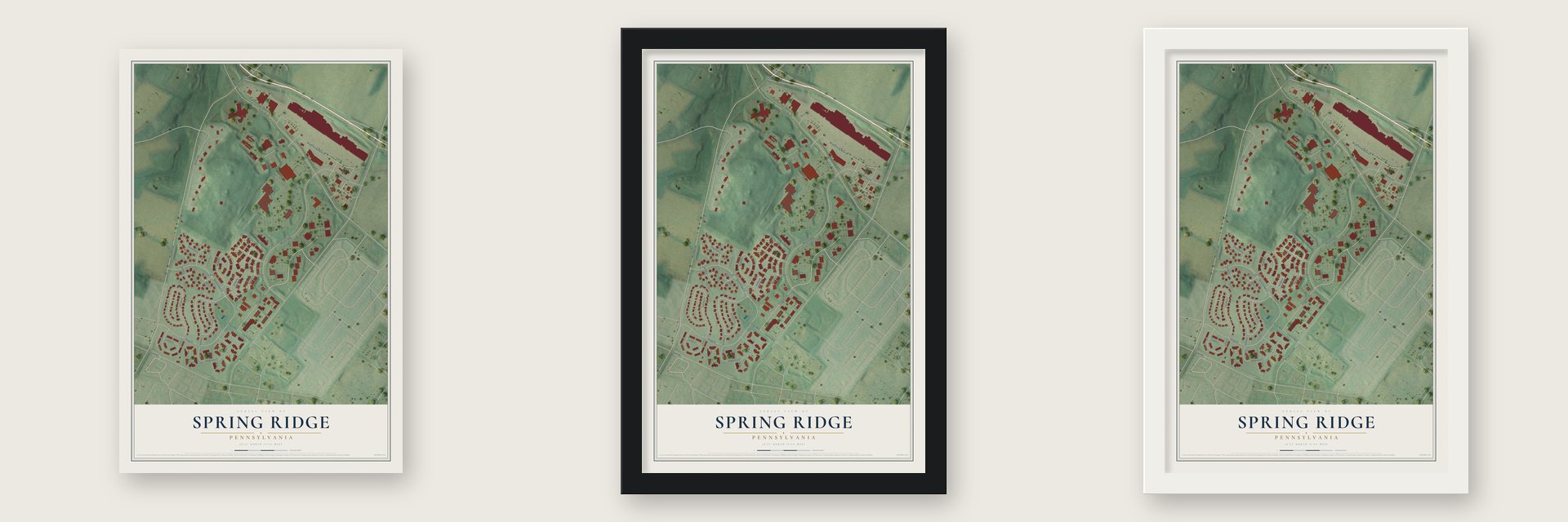 Spring Ridge, Pennsylvania map unframed, in a black wood frame and in a white wood frame
