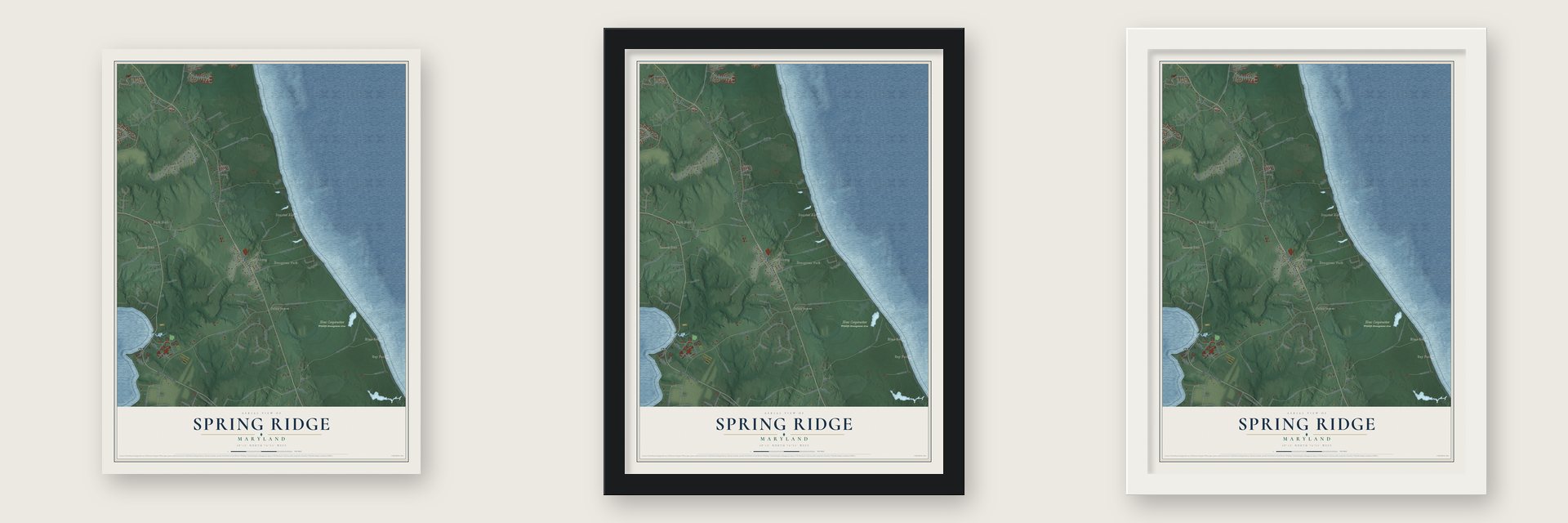 Spring Ridge, St. Mary's County, Maryland map unframed, in a black wood frame and in a white wood frame