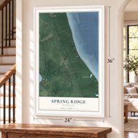 Spring Ridge, St. Mary's County, Maryland map, 24 x 36 inch print in a white frame by a staircase