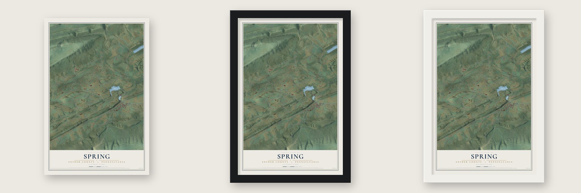 Spring, Snyder County, Pennsylvania map unframed, in a black wood frame and in a white wood frame