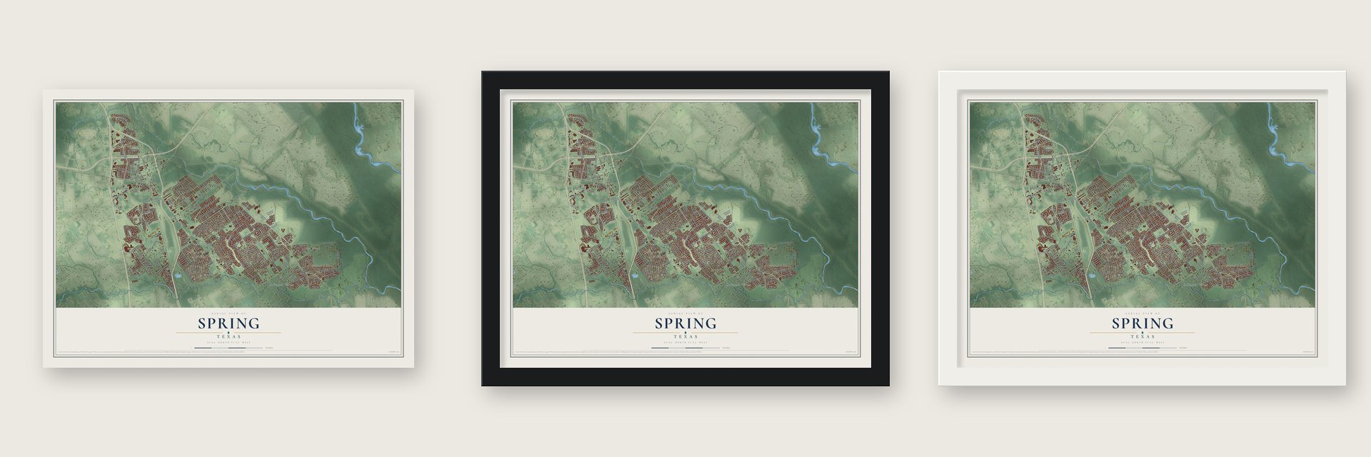 Spring, Texas map unframed, in a black wood frame and in a white wood frame