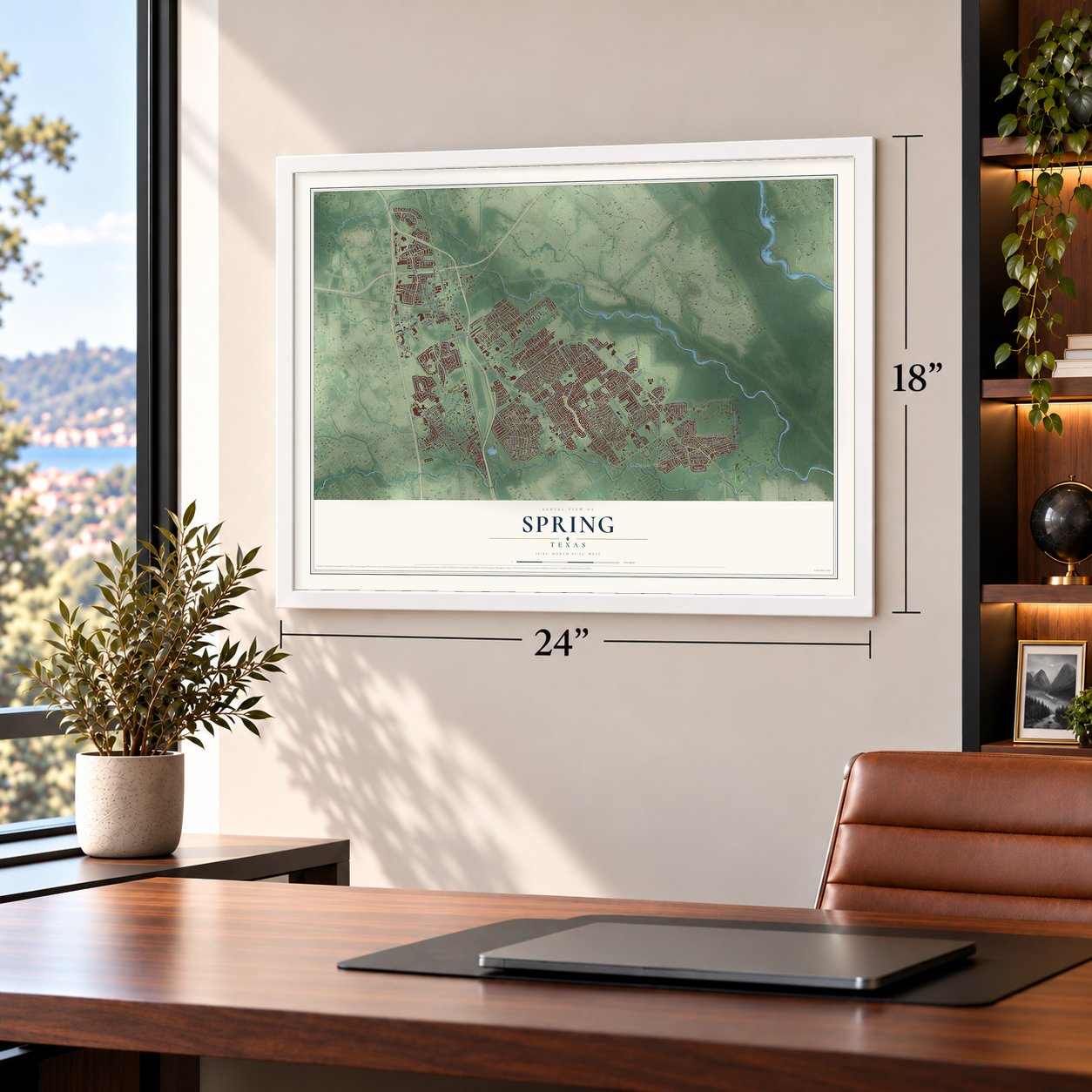 Spring, Texas map, 18 x 24 inch print in a white frame in a home office